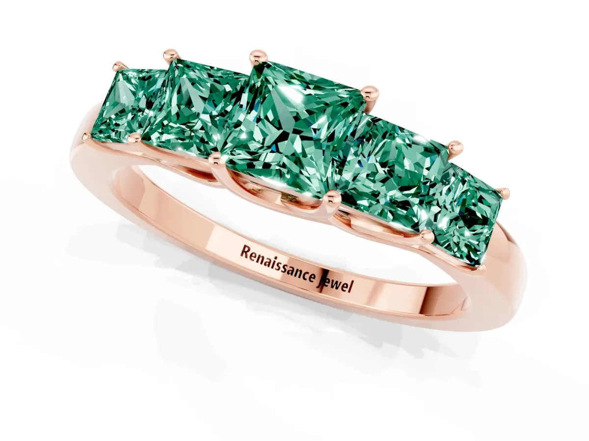 Princess Cut Five-Stone Green Sapphire Ring with Classic Prong Setting Rose gold