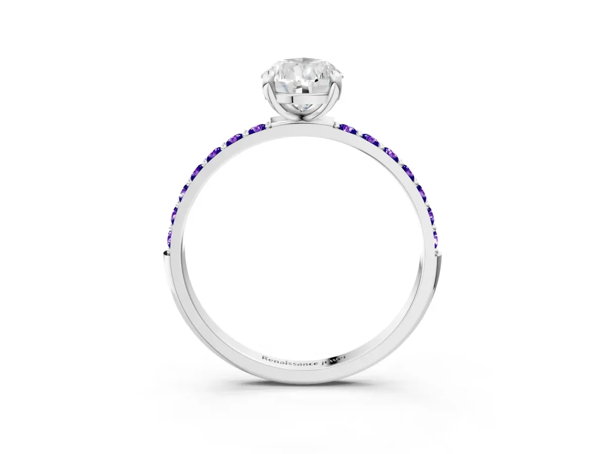 Pear Cut Diamond Solitaire Ring with Round Tanzanite Pavé Band and Prong Setting Platinum