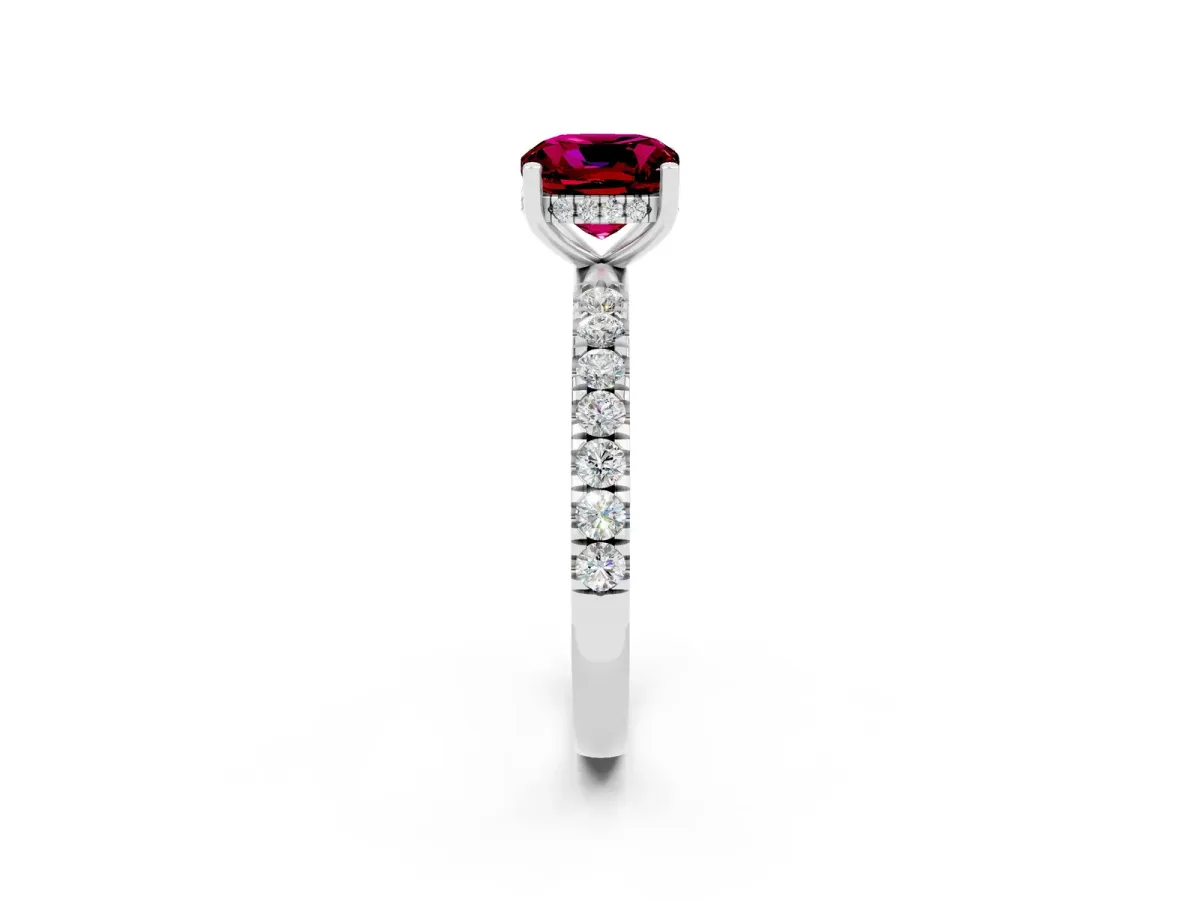 Cushion Cut Garnet Pave Band Solitaire Ring with Round and Prong Setting Platinum