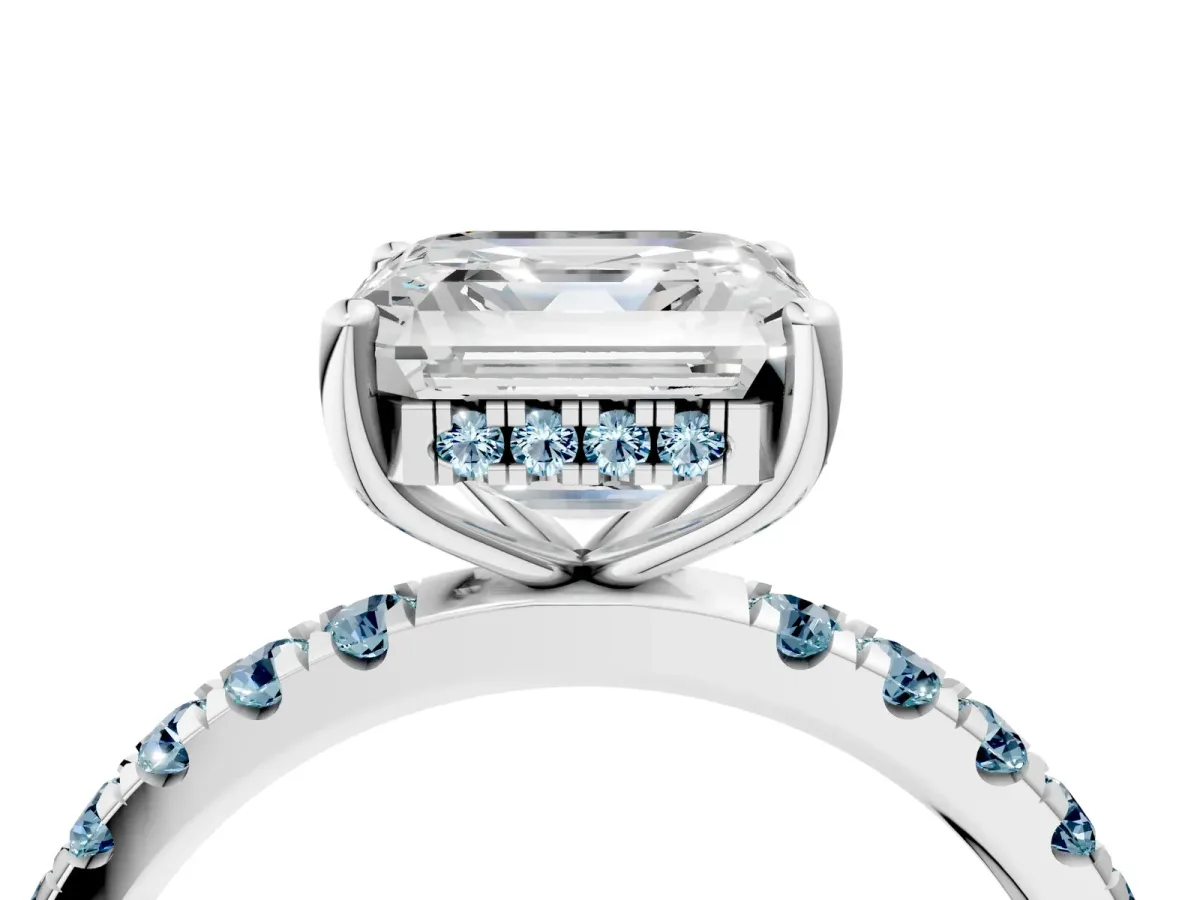 Asscher Cut Diamond Pave Band Solitaire Ring with Round Aquamarine and Prong Setting Platinum