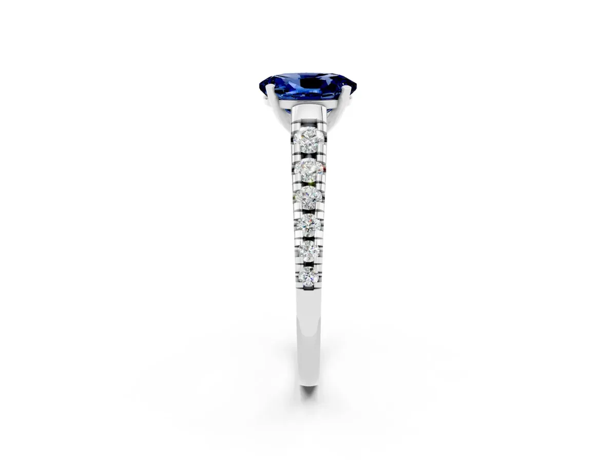 Oval Cut Blue Sapphire Cathedral Solitaire Ring with Round Pavé Band White gold
