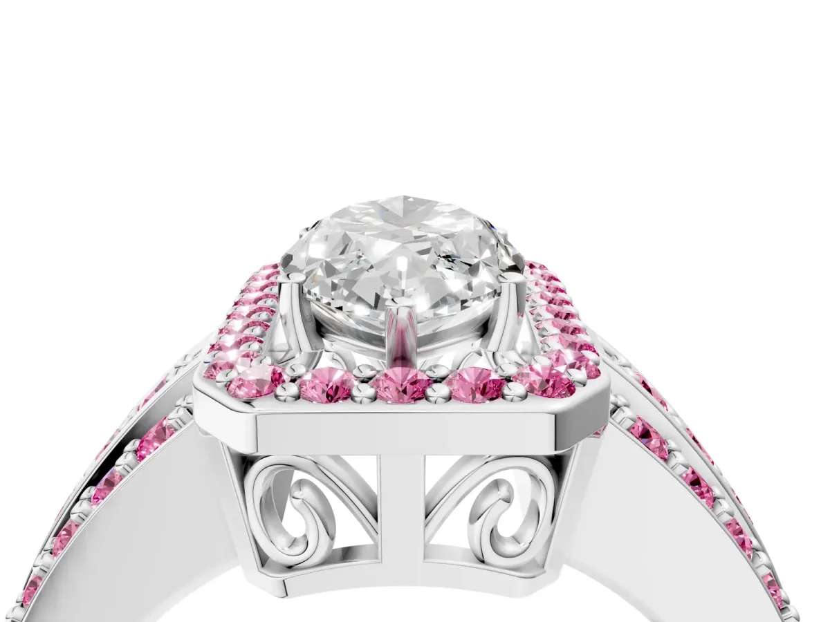 Marquise Cut Halo Diamond Ring with Round Pink Sapphire Split Shank and Prong Setting Platinum