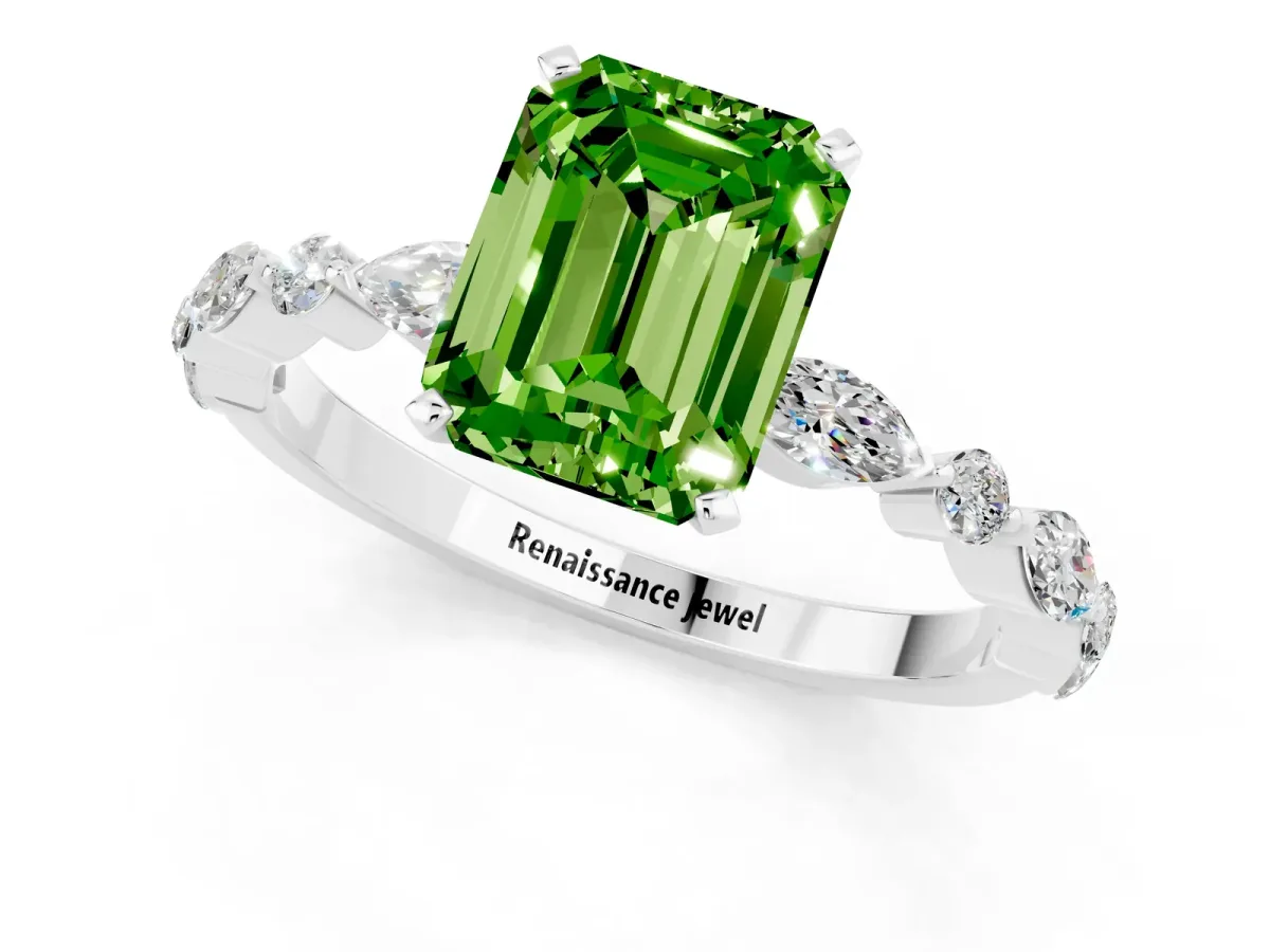 Emerald Cut Peridot Ring with Marquise and Round Side Stones and Four-Prong Setting White gold