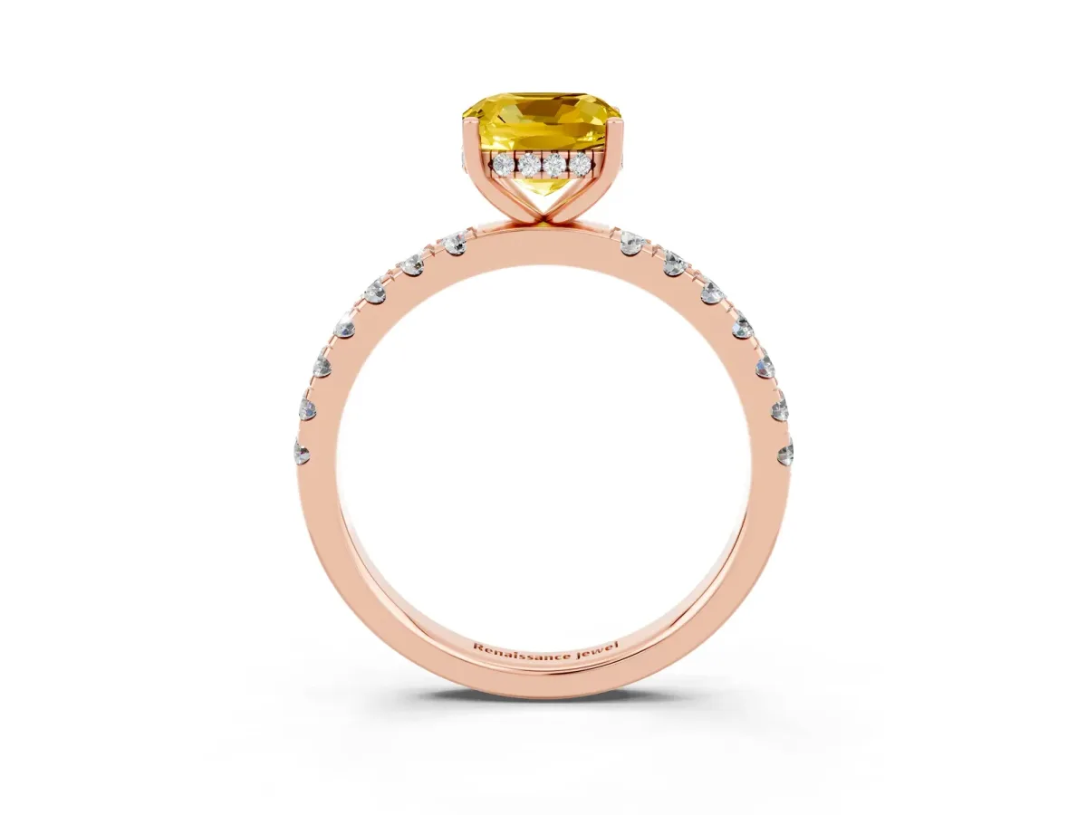 Cushion Cut Yellow Sapphire Pave Band Solitaire Ring with Round and Prong Setting Rose gold