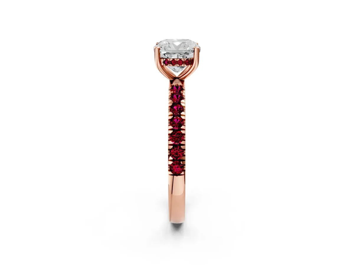 Cushion Cut Diamond Pave Band Solitaire Ring with Round Garnet and Prong Setting Rose gold