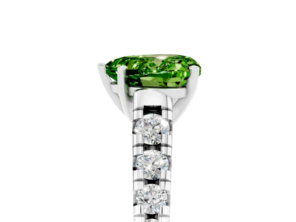 Heart Cut Peridot Cathedral Solitaire Ring with Round Pavé Band White gold