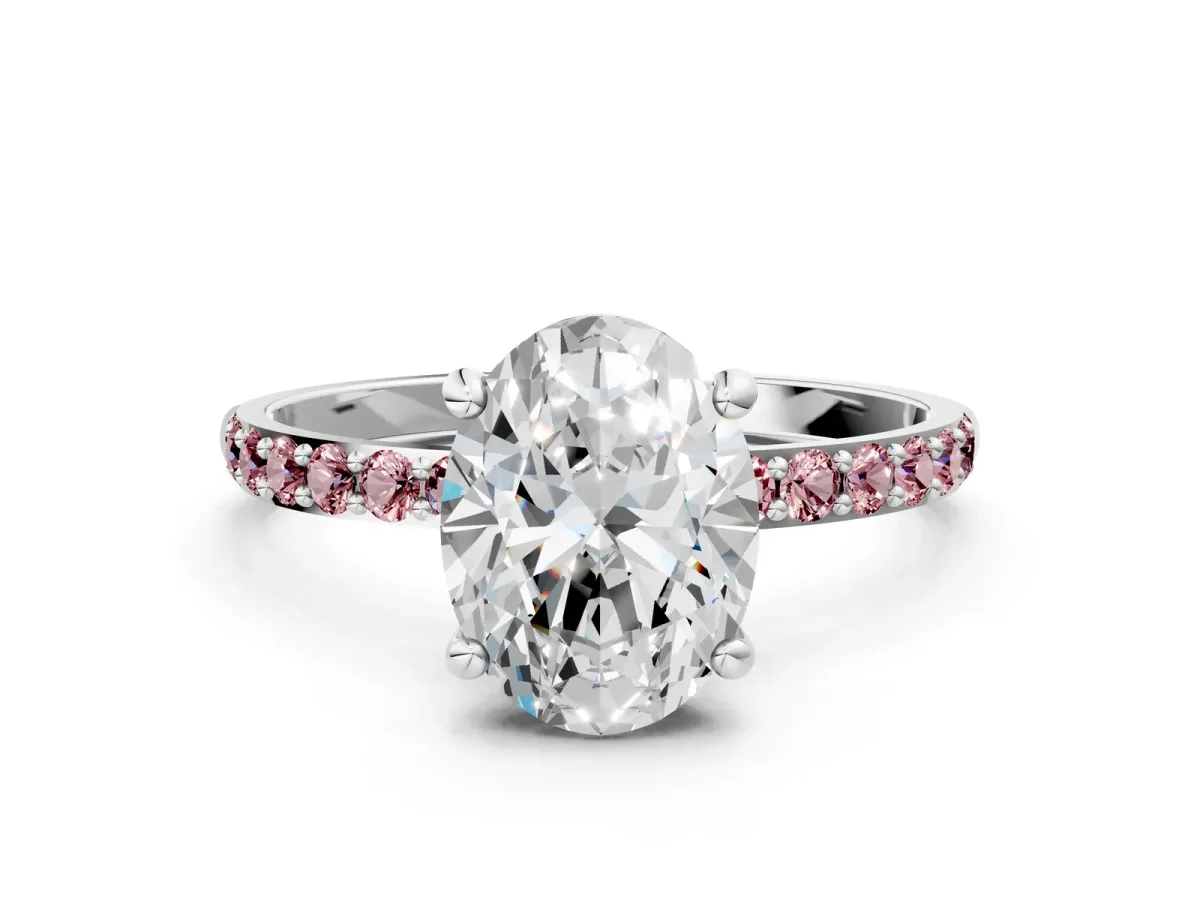 Oval Cut Diamond Solitaire Ring with Round Morganite Pavé Band and Prong Setting Silver