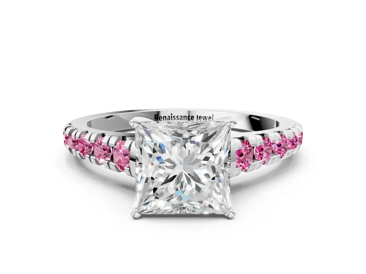 Princess Cut Diamond Cathedral Solitaire Ring with Round Pink Sapphire Pavé Band Silver