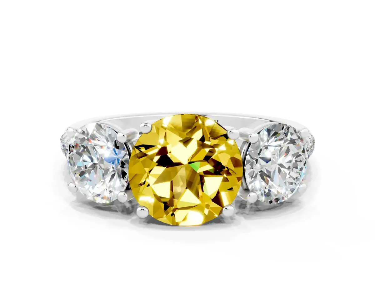 Three-Stone Round Cut Yellow Sapphire Ring with Round Pavé Band and Prong Setting Silver