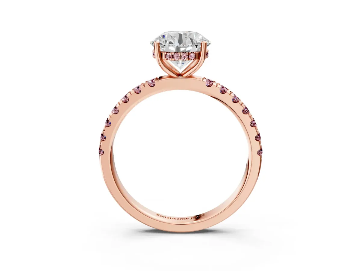 Round Cut Diamond Pave Band Solitaire Ring with Round Morganite and Prong Setting Rose gold