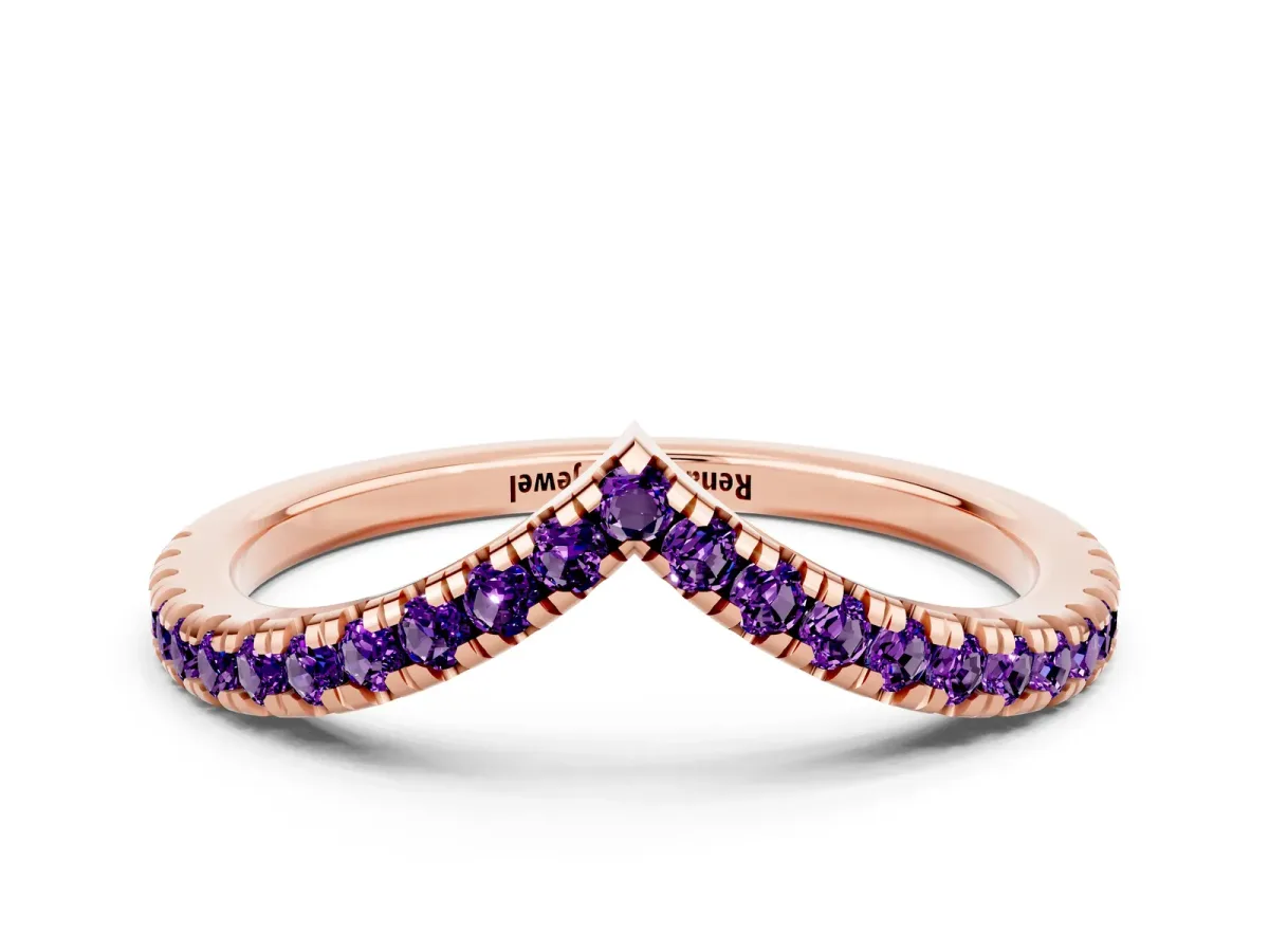 Pavé Round Amethyst V-Shaped Chevron Band with Shared Prong Setting Rose gold