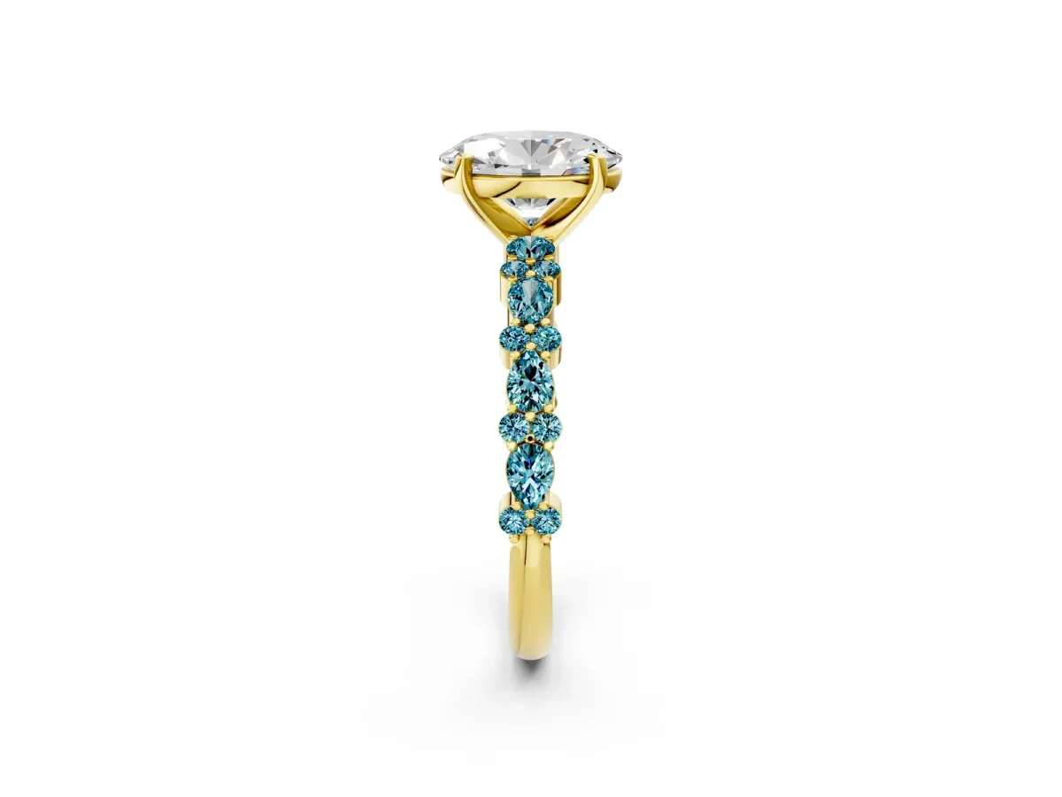 Oval Cut Diamond Side Stone Solitaire Ring with Round Blue Topaz and Four-Prong Setting Yellow gold