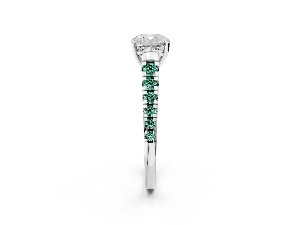 Cushion Cut Diamond Cathedral Solitaire Ring with Round Green Sapphire Pavé Band Silver