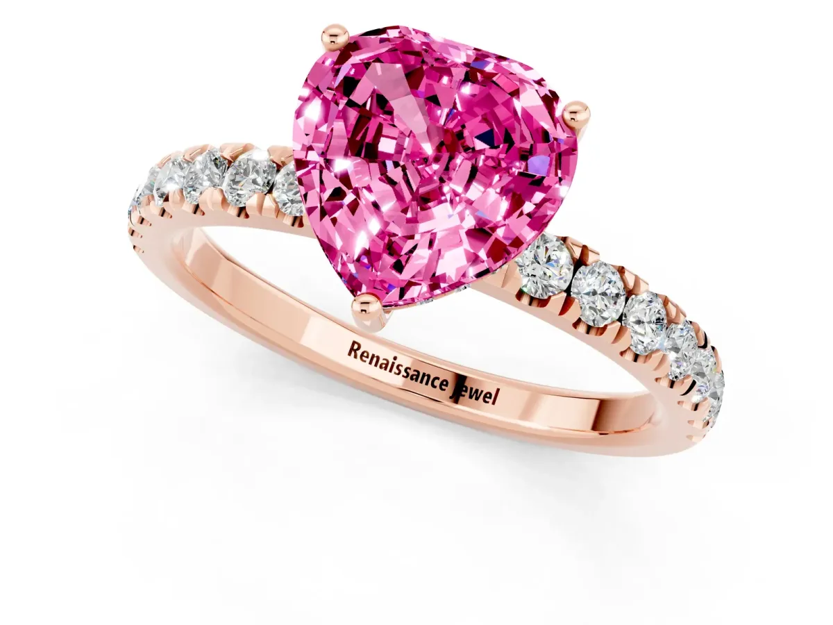 Heart Cut Pink Sapphire Pave Band Solitaire Ring with Round and Prong Setting Rose gold