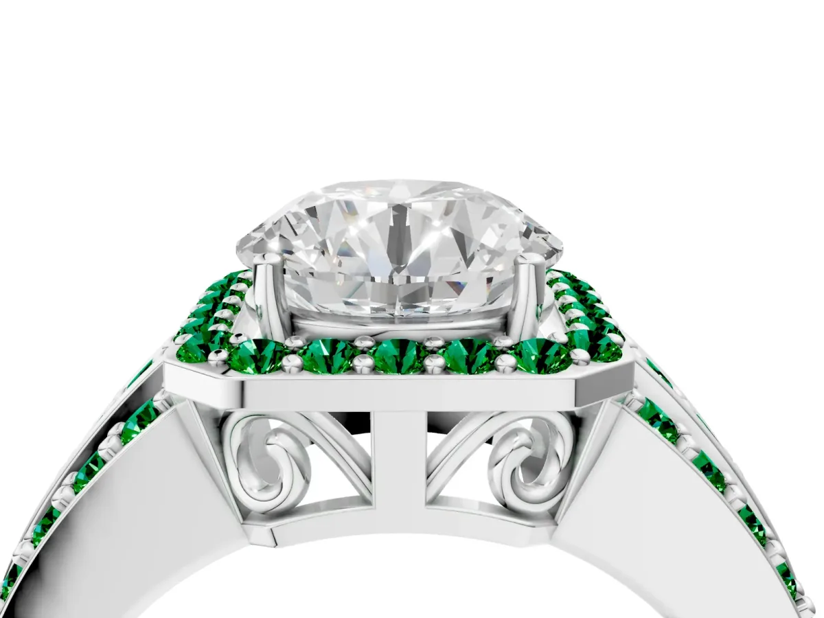 Round Cut Halo Diamond Ring with Round Emerald Split Shank and Prong Setting Platinum