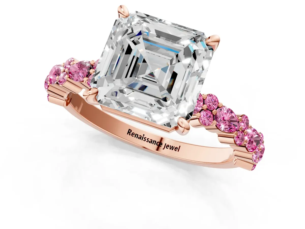 Asscher Cut Diamond Side Stone Solitaire Ring with Round Pink Sapphire and Four-Prong Setting Rose gold