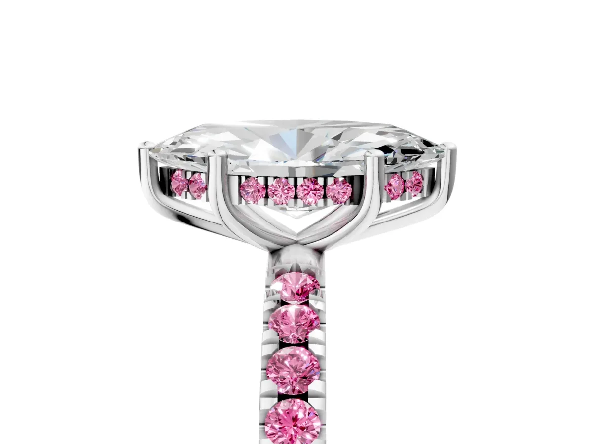 Marquise Cut Diamond Pave Band Solitaire Ring with Round Pink Sapphire and Prong Setting Silver