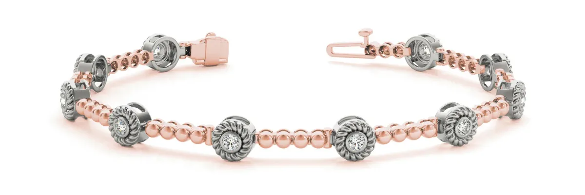 Round Bezel Set Diamond Tennis Bracelet with Beaded Band Rose gold
