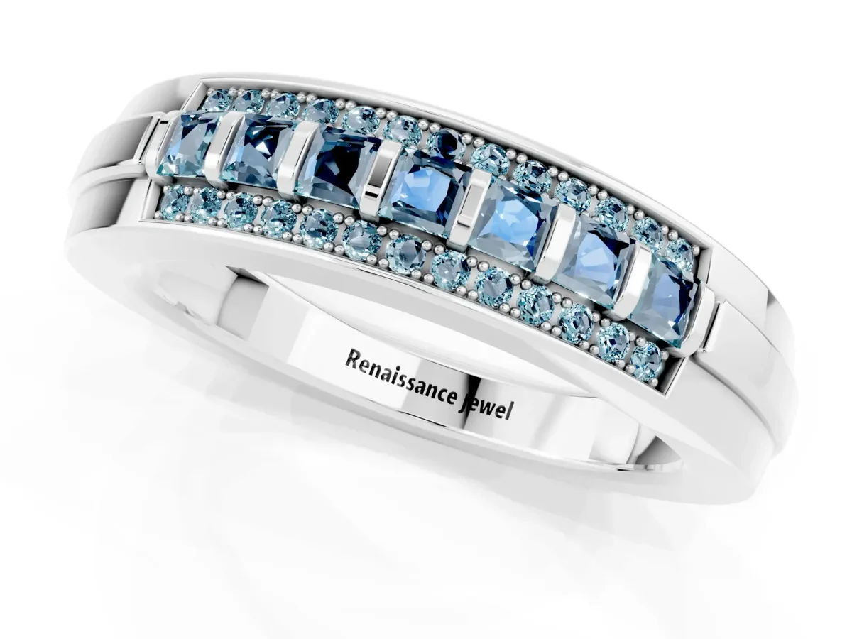 Bar-Set Princess Cut Aquamarine Pavé Band Platinum