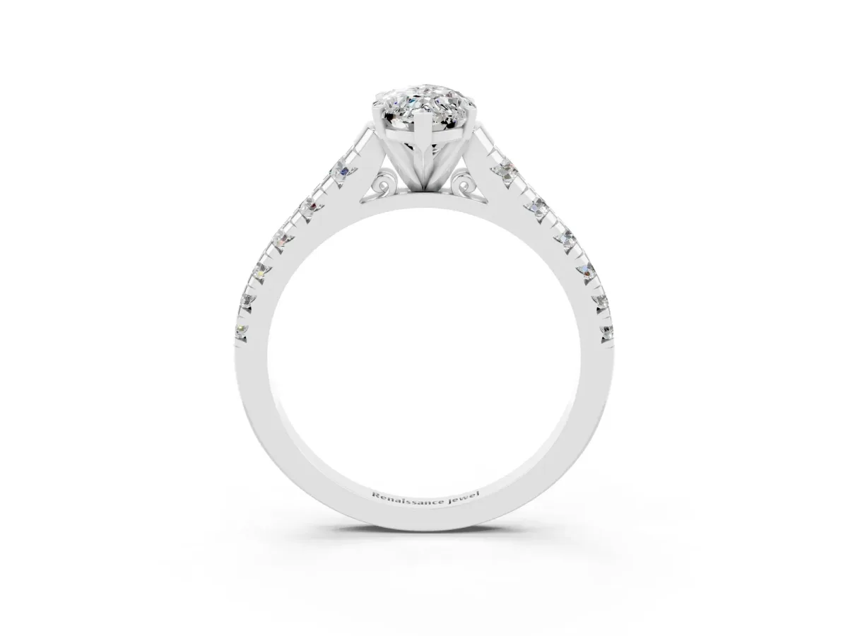 Marquise Cut Moissanite Cathedral Solitaire Ring with Round Pavé Band Platinum