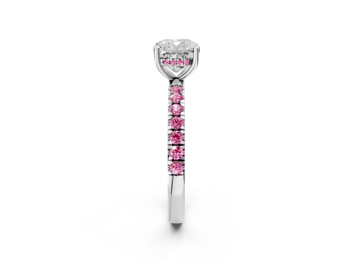 Cushion Cut Diamond Pave Band Solitaire Ring with Round Pink Sapphire and Prong Setting Platinum