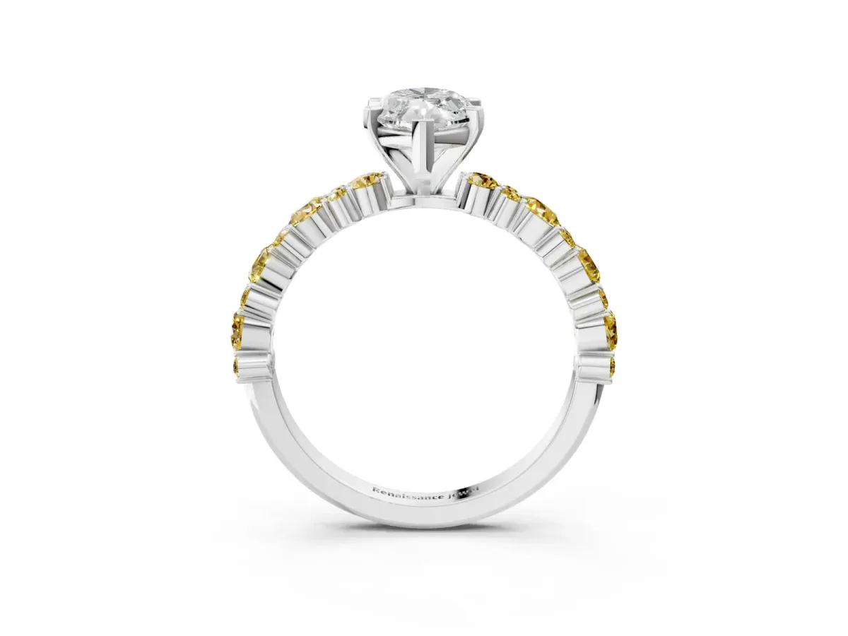 Marquise Cut Diamond Side Stone Solitaire Ring with Round Yellow Sapphire and Four-Prong Setting Platinum