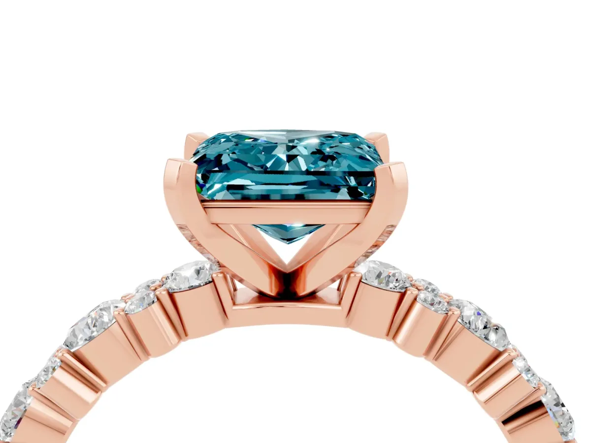 Princess Cut Blue Topaz Side Stone Solitaire Ring with Round and Four-Prong Setting Rose gold