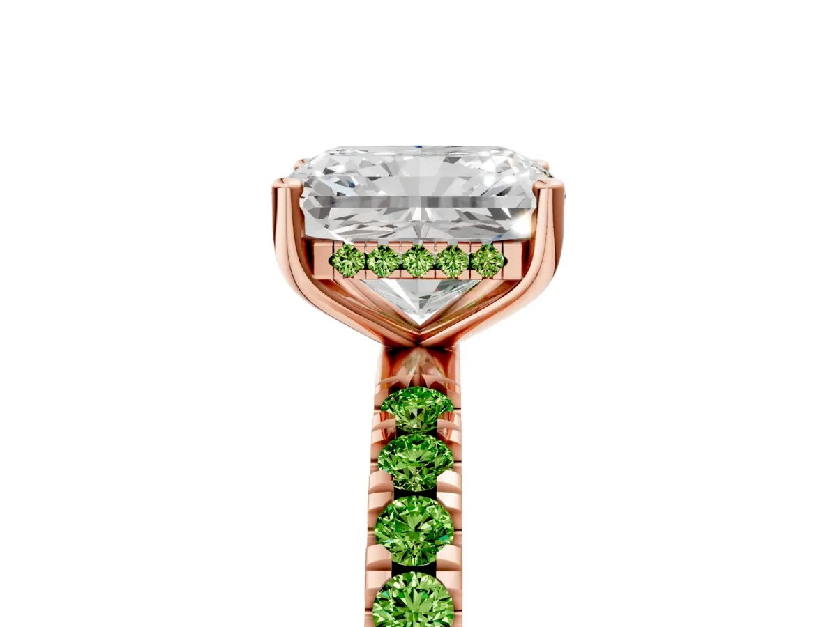 Radiant Cut Diamond Pave Band Solitaire Ring with Round Peridot and Prong Setting Rose gold