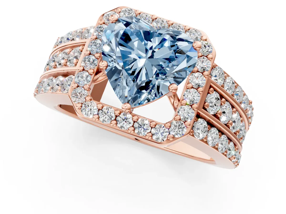 Fancy Blue Heart Cut Halo Diamond Ring with Round Split Shank and Prong Setting Rose gold