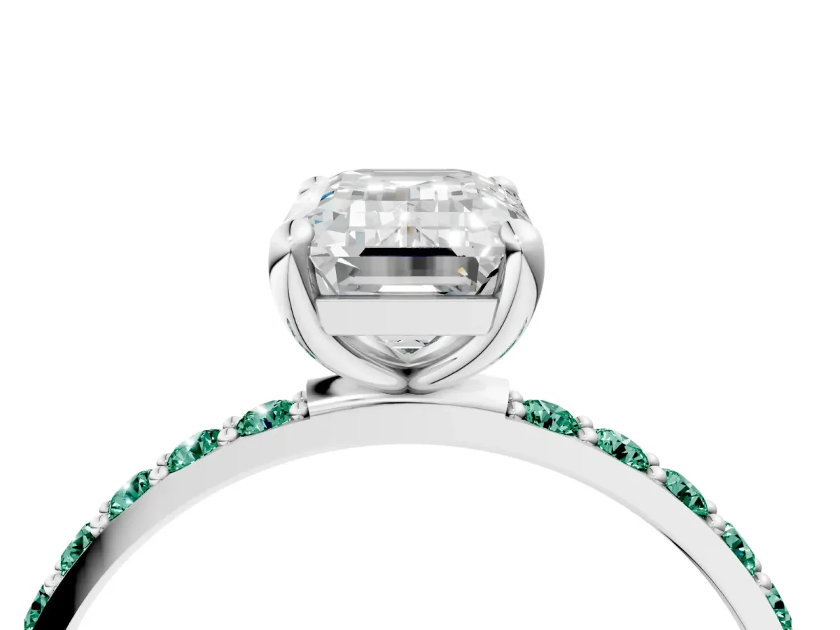 Emerald Cut Diamond Solitaire Ring with Round Green Sapphire Pavé Band and Prong Setting Silver