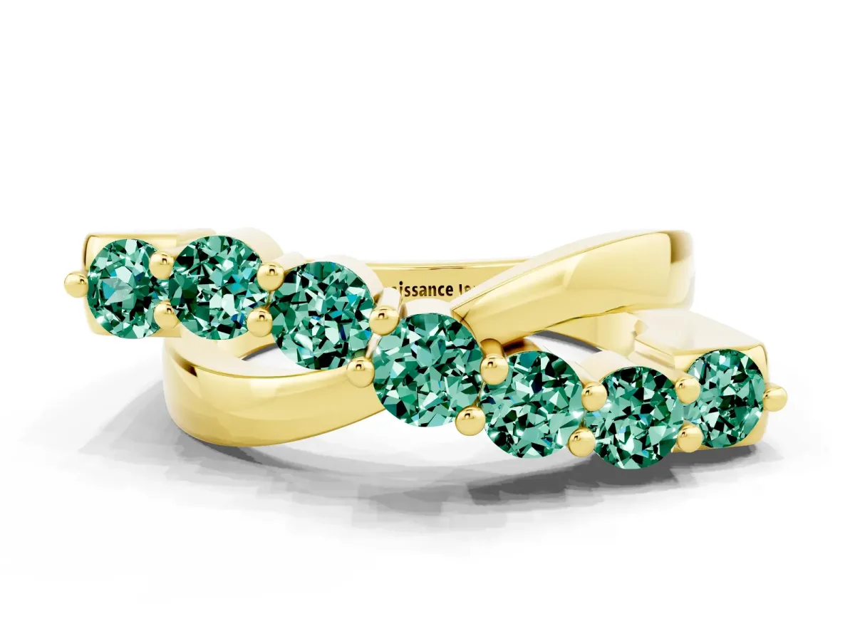 Round Green Sapphire Prong-Set Crossover Band Yellow gold