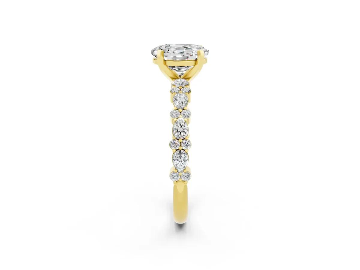 Oval Cut Moissanite Side Stone Solitaire Ring with Round and Four-Prong Setting Yellow gold