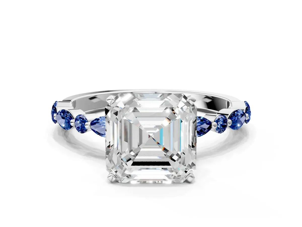 Asscher Cut Diamond Ring with Marquise and Round Blue Sapphire Side Stones and Four-Prong Setting Silver