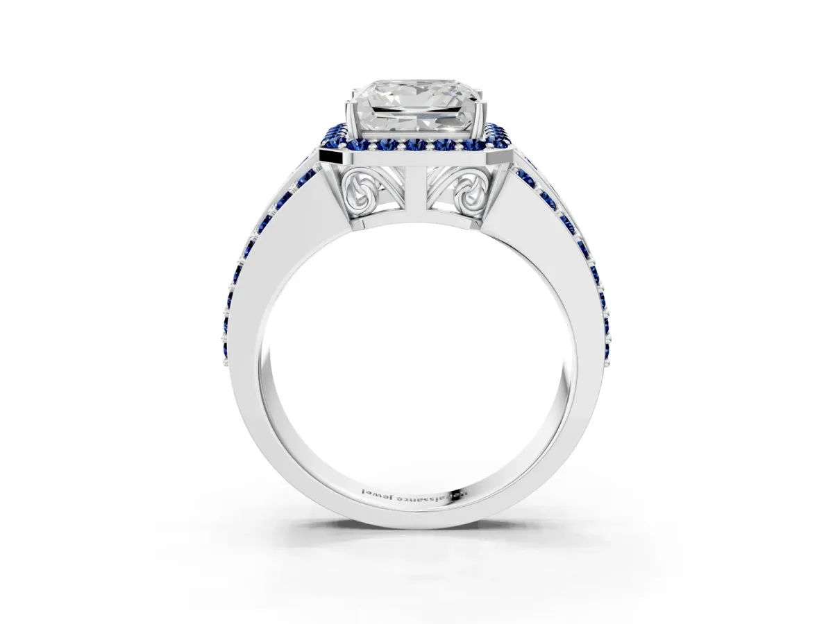 Princess Cut Halo Diamond Ring with Round Blue Sapphire Split Shank and Prong Setting Platinum