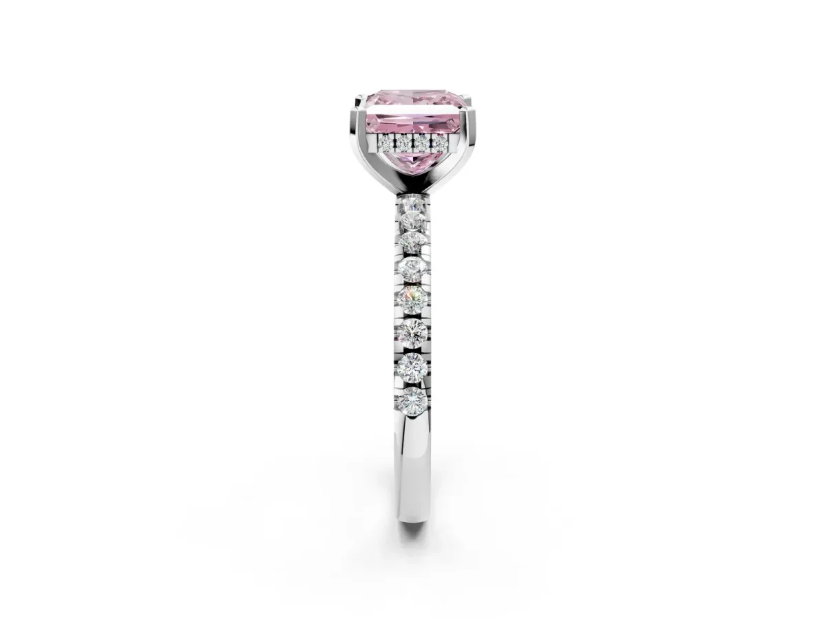 Fancy Pink Princess Cut Diamond Solitaire Ring with Round Pavé Band and Four-Prong Setting Platinum