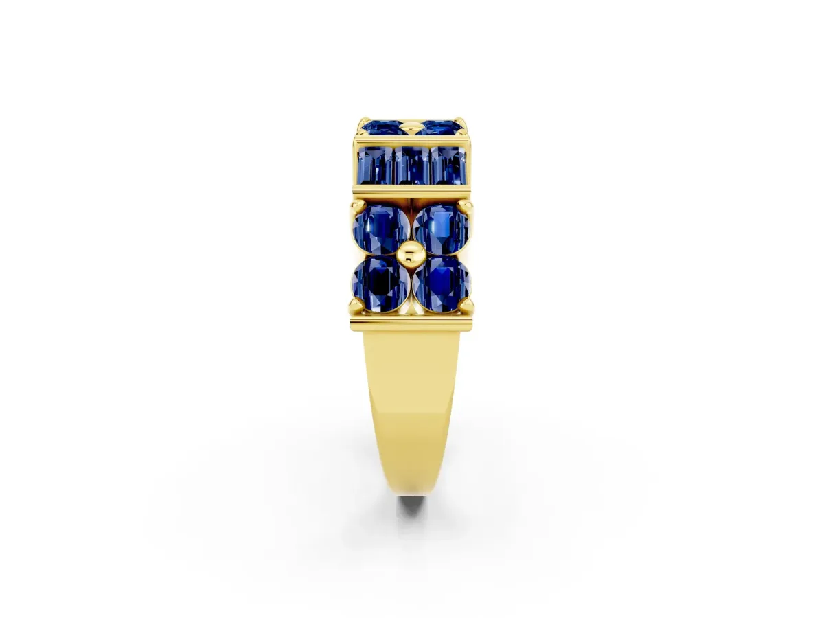 Channel Set Round and Baguette Blue Sapphire Anniversary Band with Prong Setting Yellow gold