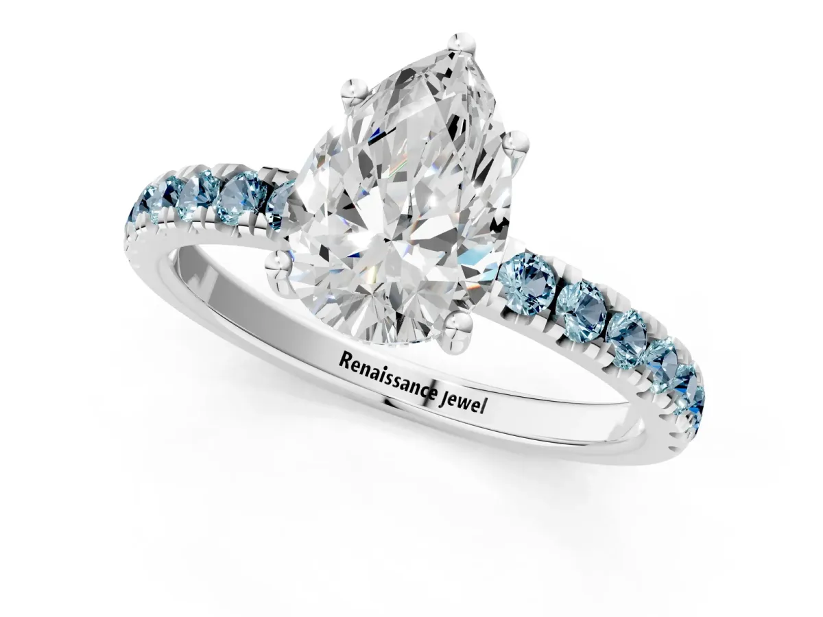 Pear Cut Diamond Pave Band Solitaire Ring with Round Aquamarine and Prong Setting Platinum