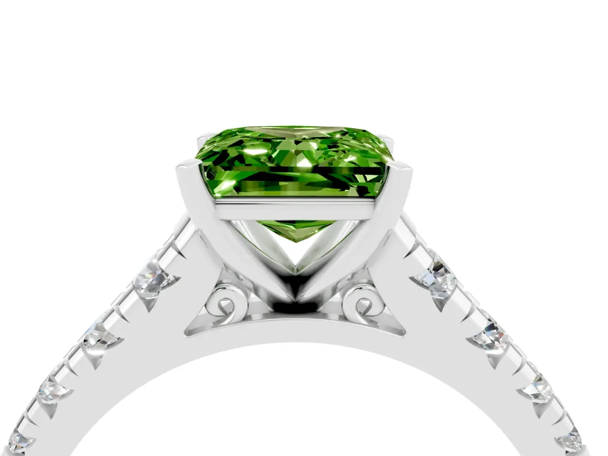 Princess Cut Peridot Cathedral Solitaire Ring with Round Pavé Band White gold