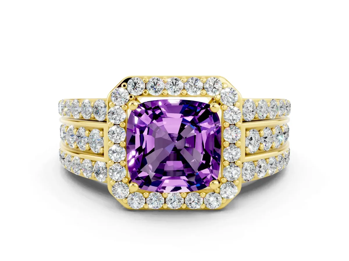 Cushion Cut Halo Amethyst Ring with Round Split Shank and Prong Setting Yellow gold