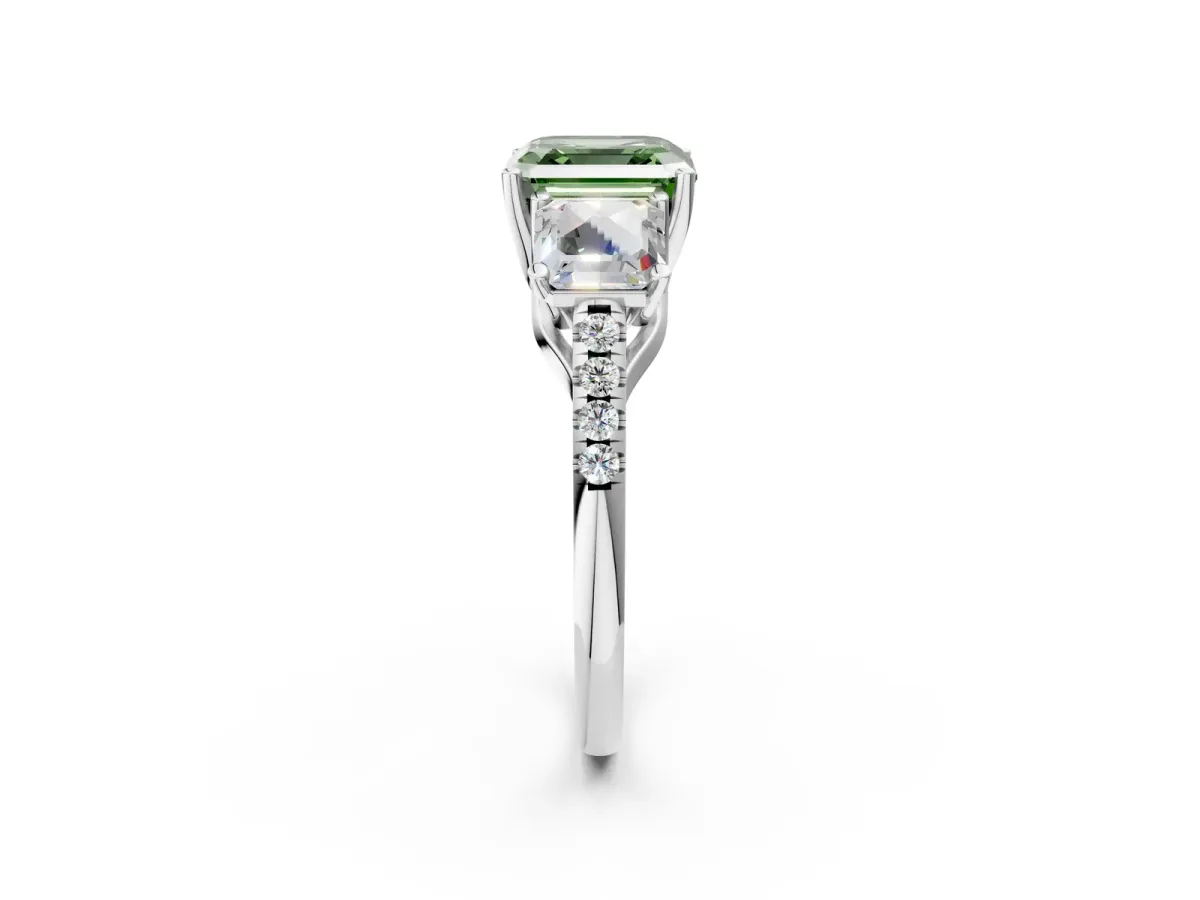 Fancy Green Three-Stone Asscher Cut Diamond Ring with Round Pavé Band and Prong Setting Platinum
