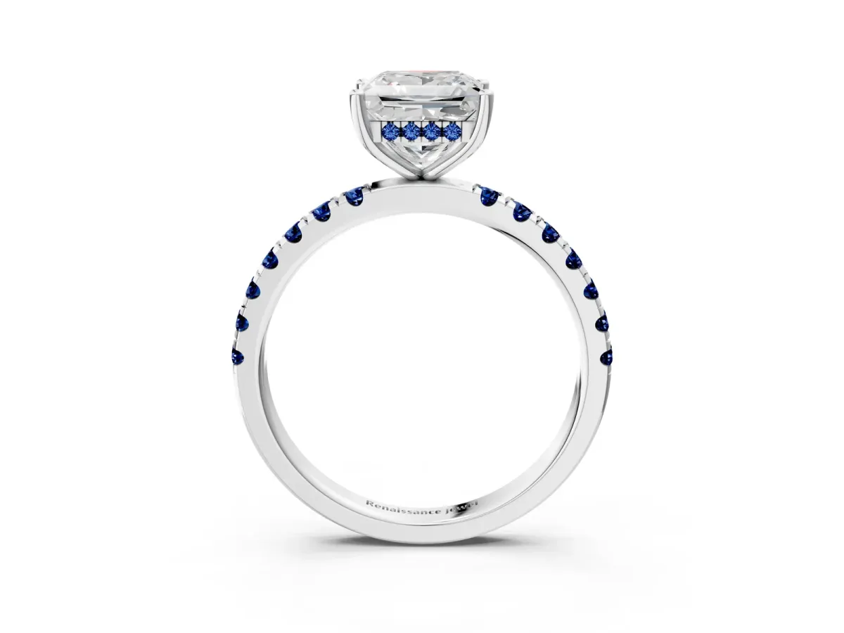 Princess Cut Diamond Pave Band Solitaire Ring with Round Blue Sapphire and Prong Setting Platinum