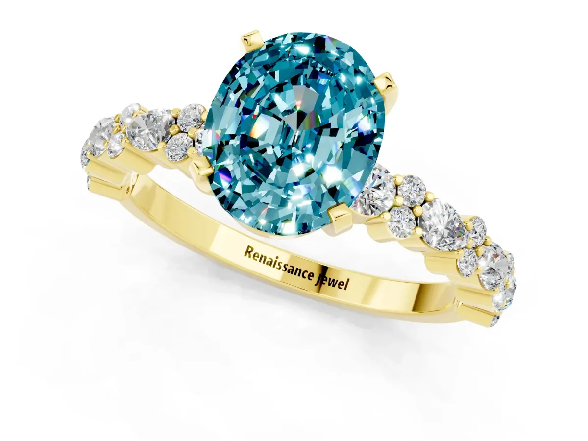 Oval Cut Blue Topaz Side Stone Solitaire Ring with Round and Four-Prong Setting Yellow gold