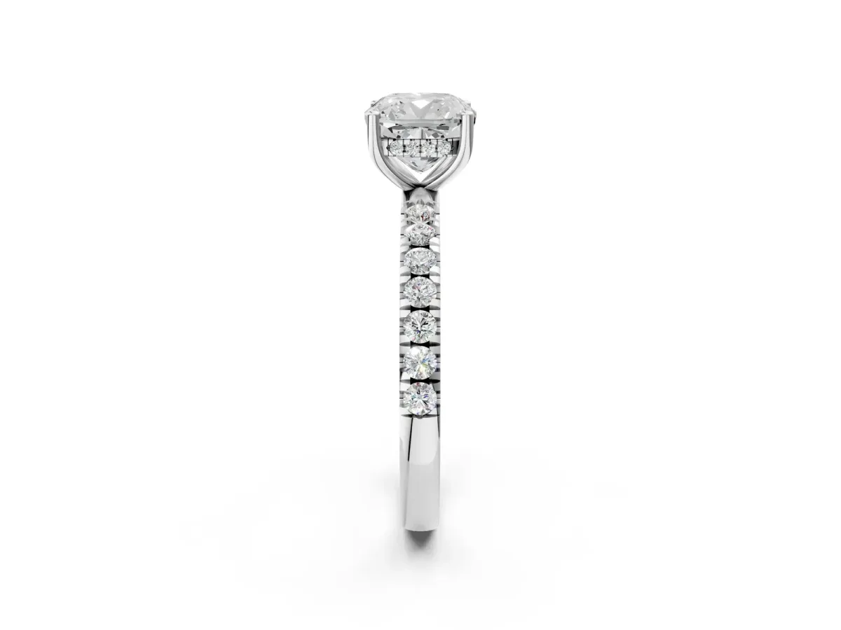 Cushion Cut Diamond Pave Band Solitaire Ring with Round Moissanite and Prong Setting Silver