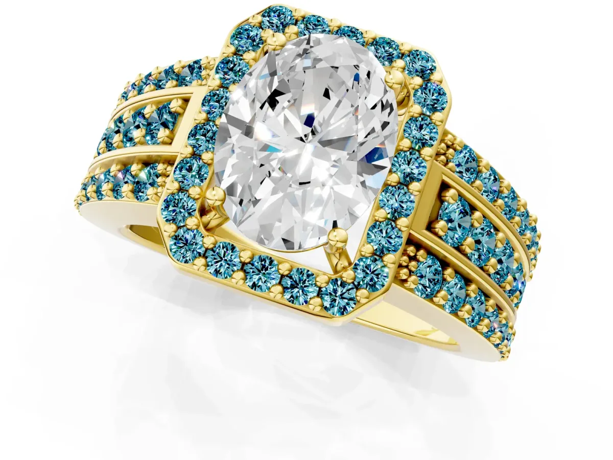 Oval Cut Halo Diamond Ring with Round Blue Topaz Split Shank and Prong Setting Yellow gold