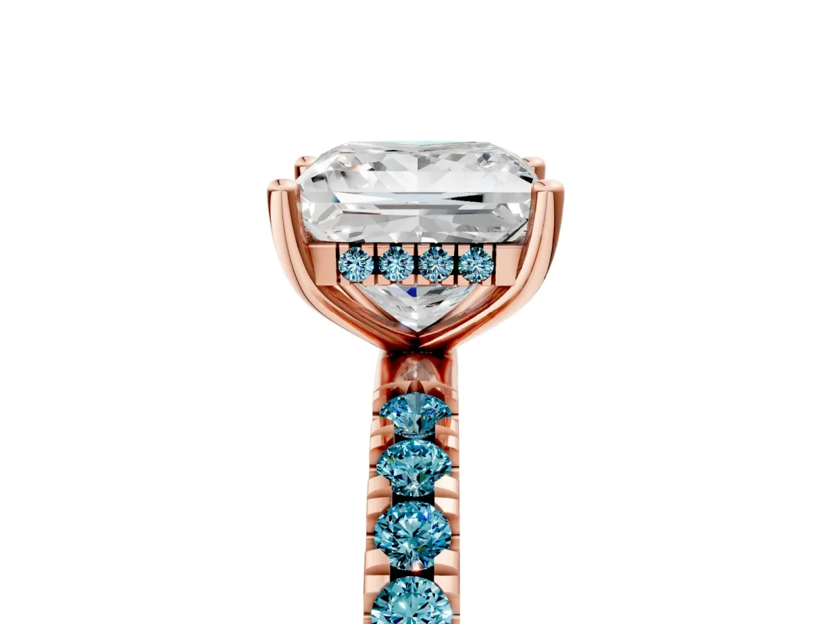 Princess Cut Diamond Pave Band Solitaire Ring with Round Blue Topaz and Prong Setting Rose gold