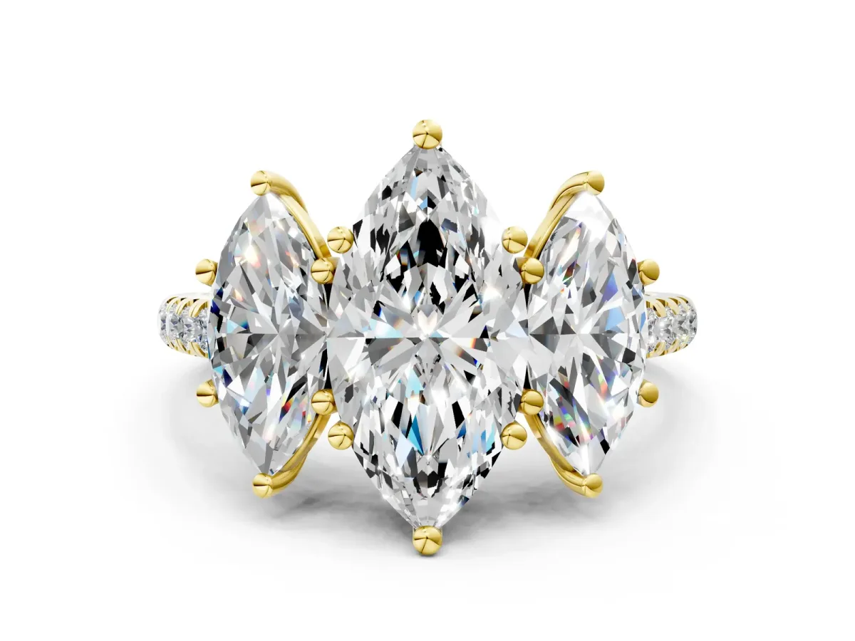 Three-Stone Marquise Cut Diamond Ring with Round Pavé Band and Prong Setting Yellow gold