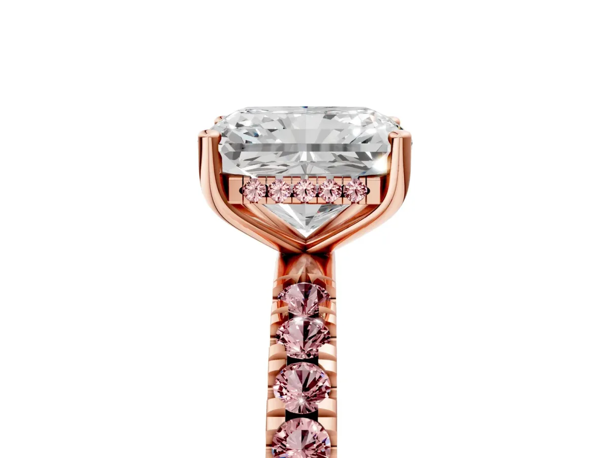 Radiant Cut Diamond Pave Band Solitaire Ring with Round Morganite and Prong Setting Rose gold