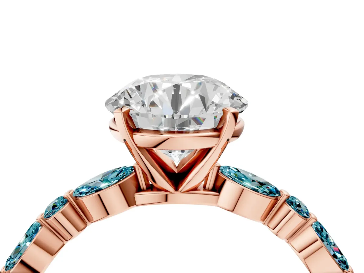 Round Cut Diamond Ring with Marquise and Round Blue Topaz Side Stones and Four-Prong Setting Rose gold