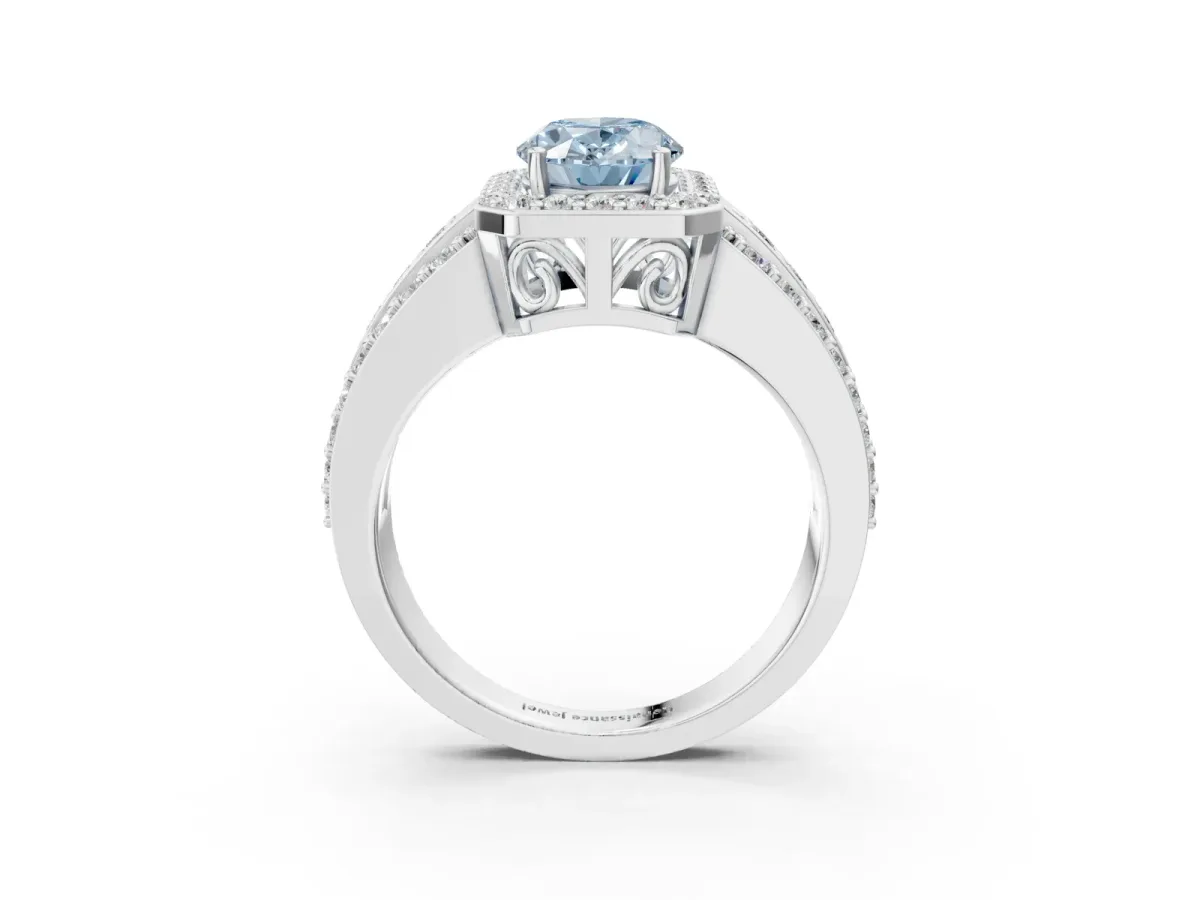 Fancy Blue Oval Cut Halo Diamond Ring with Round Split Shank and Prong Setting White gold