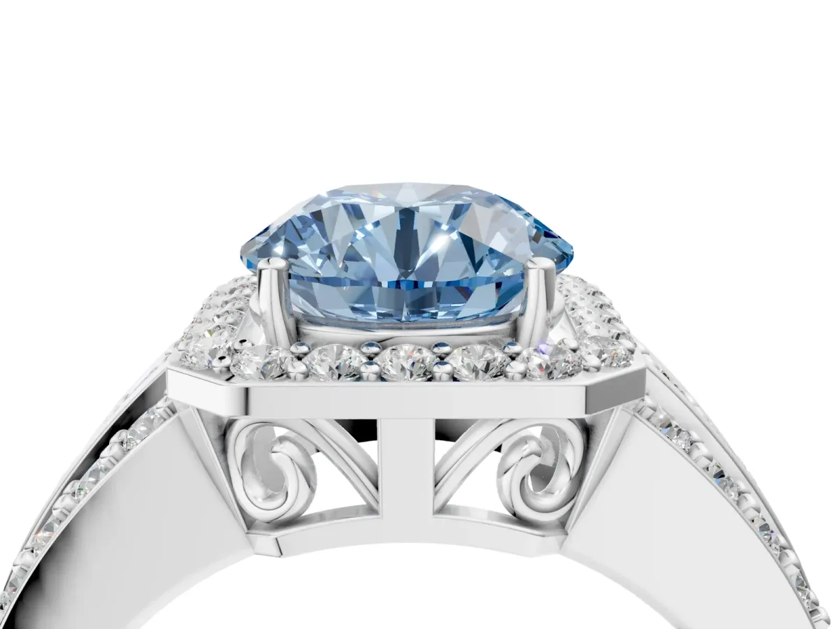 Fancy Blue Round Cut Halo Diamond Ring with Round Split Shank and Prong Setting White gold